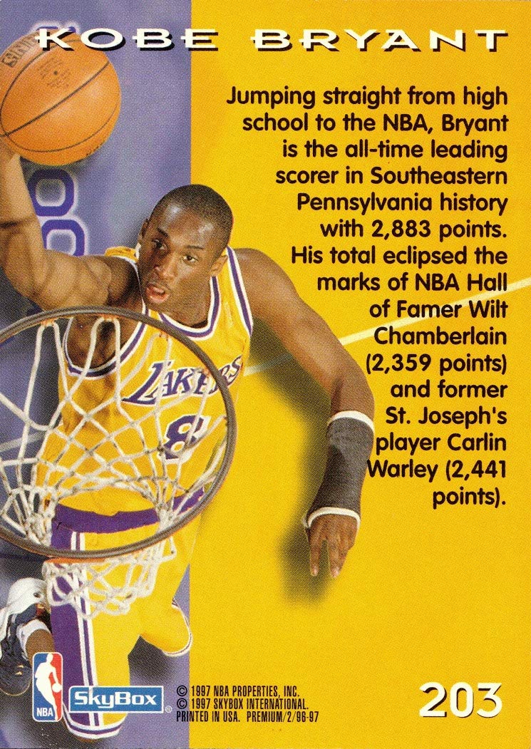Amazon.com: 1996-97 Skybox Premium Basketball #203 Kobe Bryant