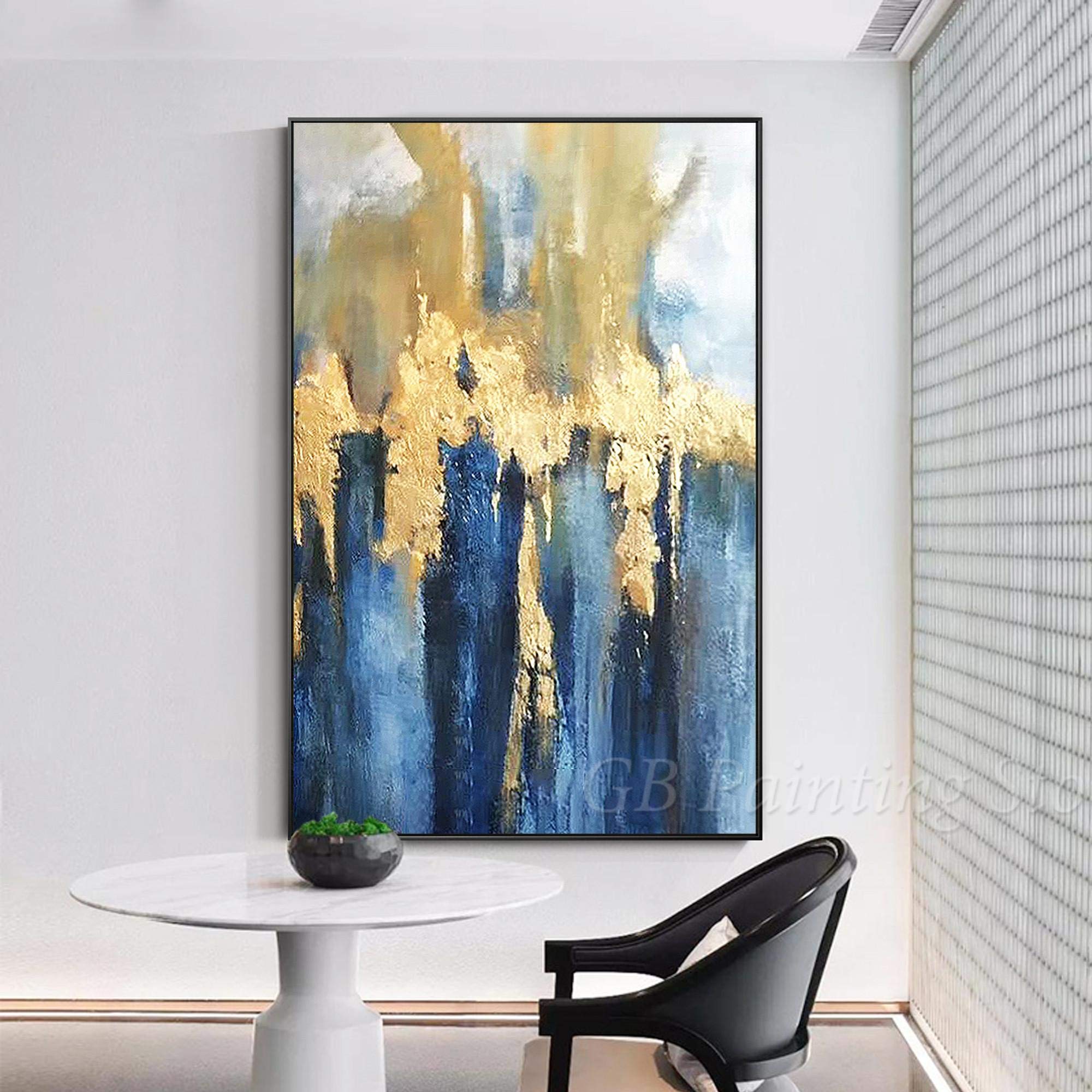 Amazon.co.jp: 現代抽象絵画黒と金ネイビーブルー風景画アクリル