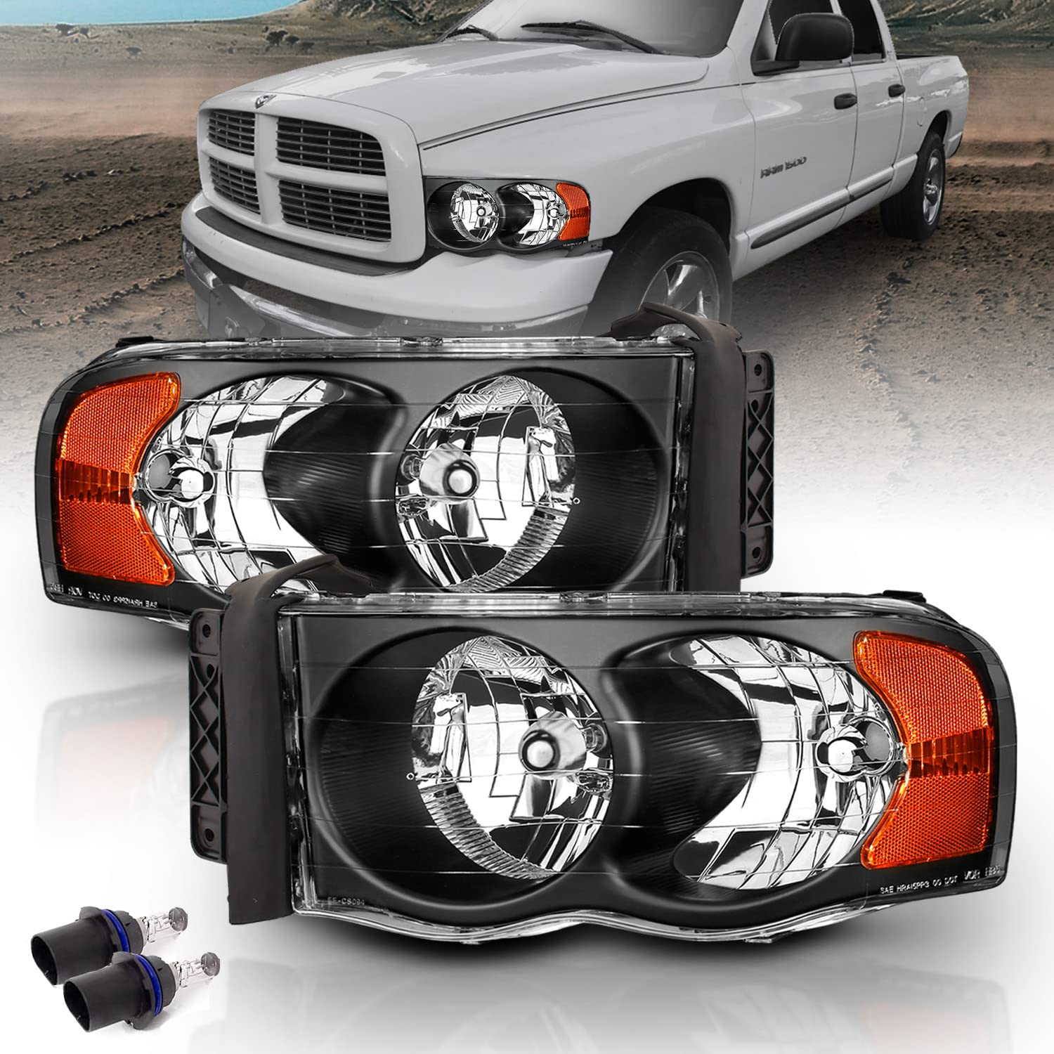 Amazon | AmeriLite ブラック 交換用ヘッドライトセット 02-05 ダッジ