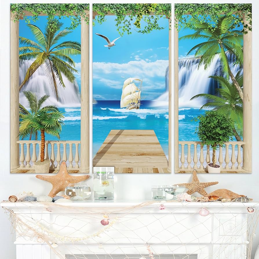 Amazon.co.jp: Designart 海の景色付き木製テラス - 風景写真 光沢