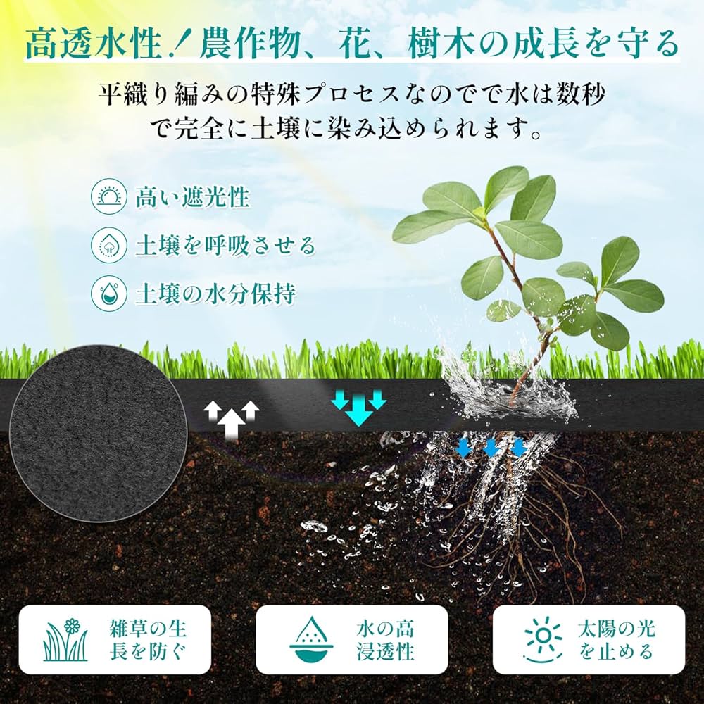 Amazon | X XBEN 165g 防草シート2x50M 改良新型素材 固定Uピン杭200本