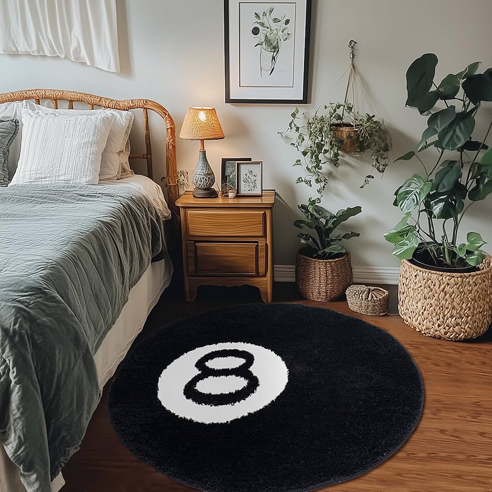 8 Ball Rug, 32 inch Large Black Round Rug for Home Decor, Stussy