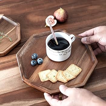 Amazon｜木製トレイ 木製トレー お盆 丸 八角形 アカシア天然木製 卓上