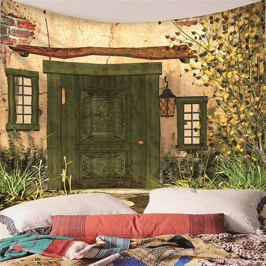 Amazon.co.jp: タペストリー 大判 ドアと花 緑 タペストリーおしゃれ