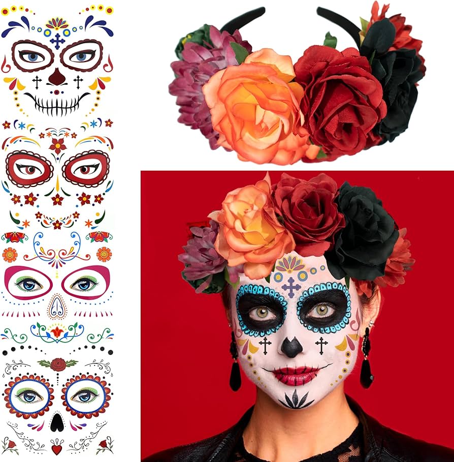 Amazon | 死者の日 メイクアップフェイス タトゥー 男女兼用 ローズ