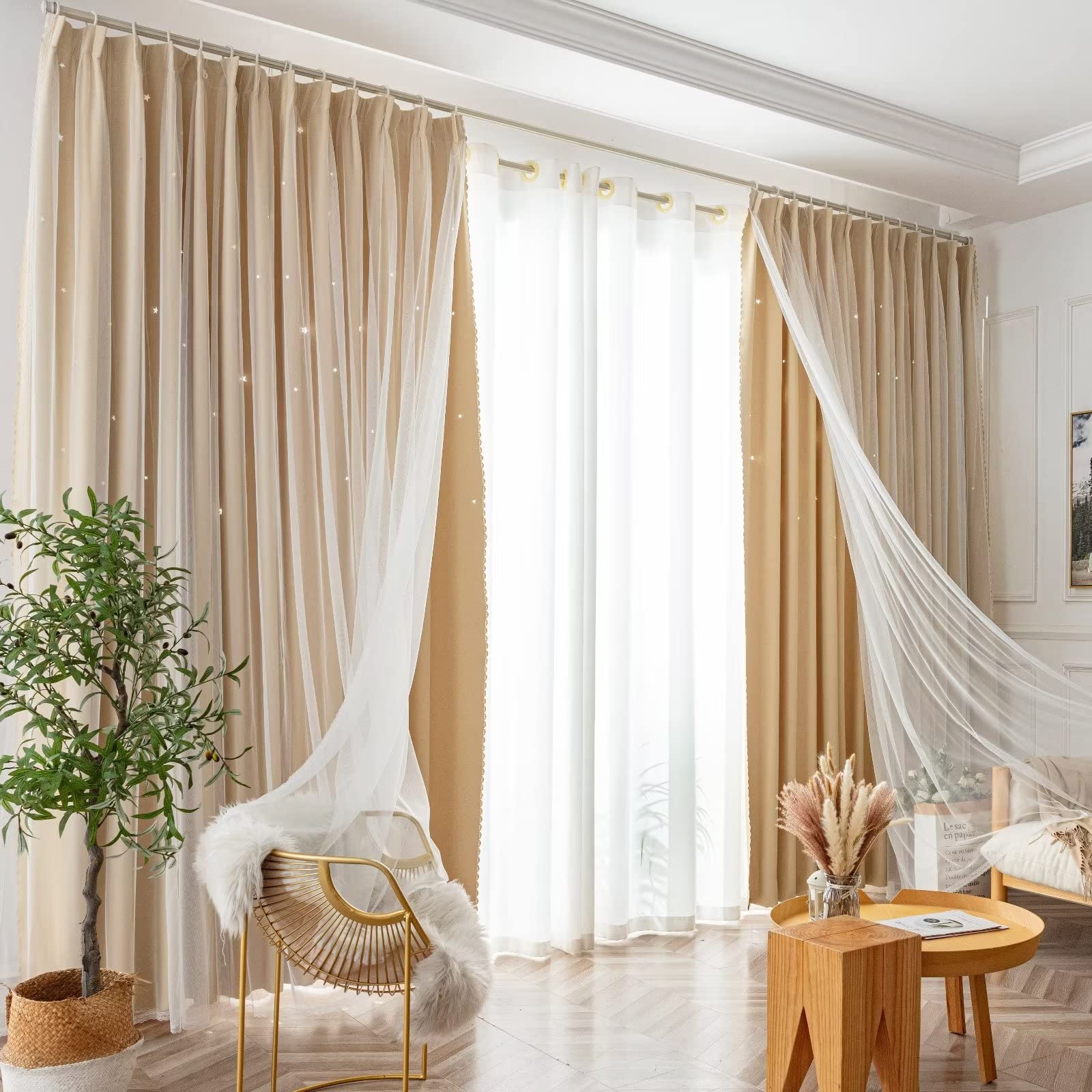 Amazon｜姫系 遮光カーテン 可愛い 星 ベージュ カーテン 遮光 遮像
