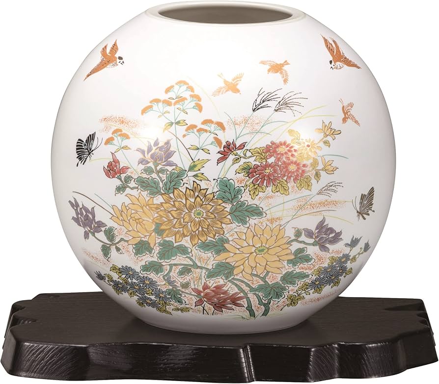 Amazon.co.jp: 九谷焼いわたや 『九谷焼』花瓶(5.5号)金菊花に雀(台付