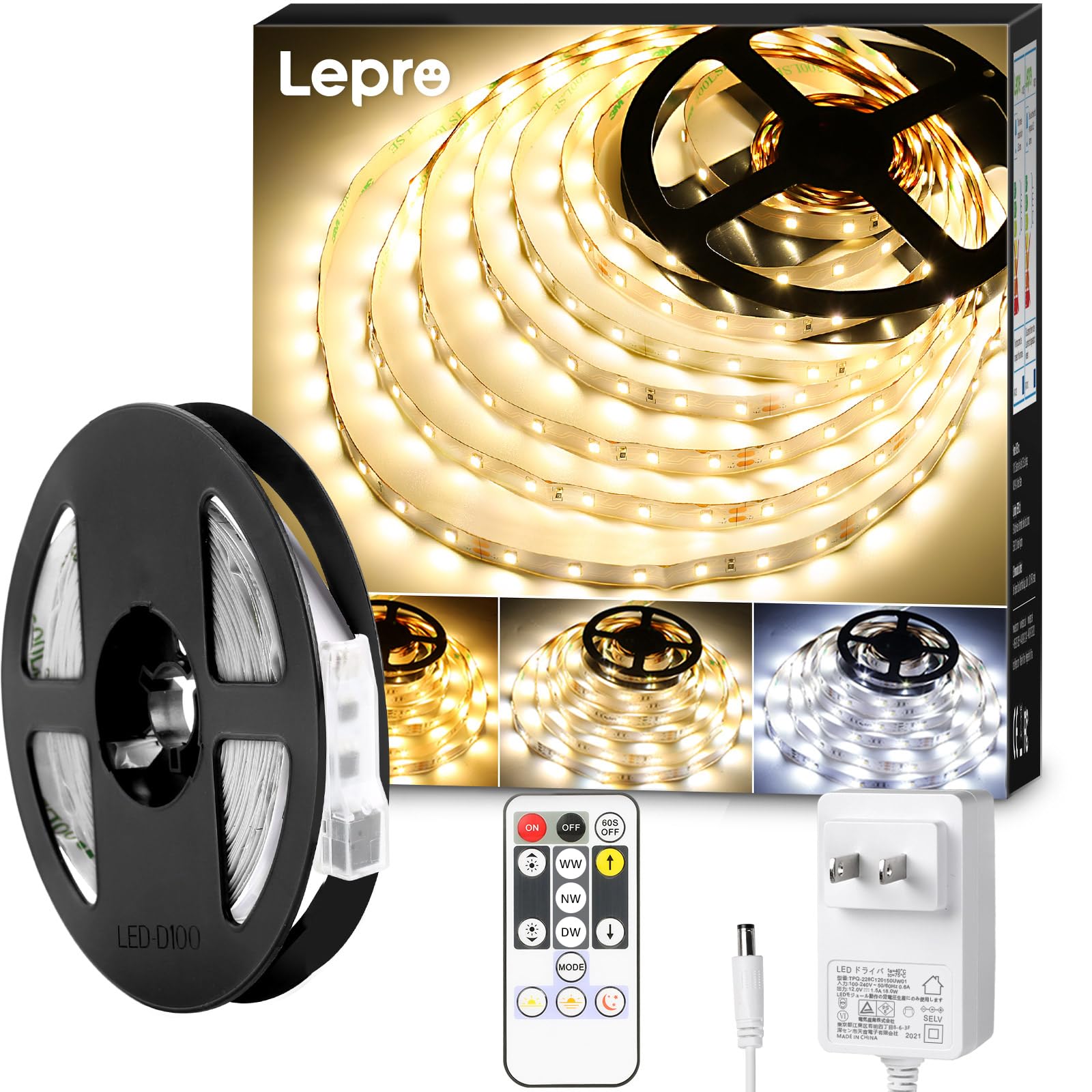 Amazon | Lepro テープライト led 5m 12V 電球色・昼白色・昼光色 明る