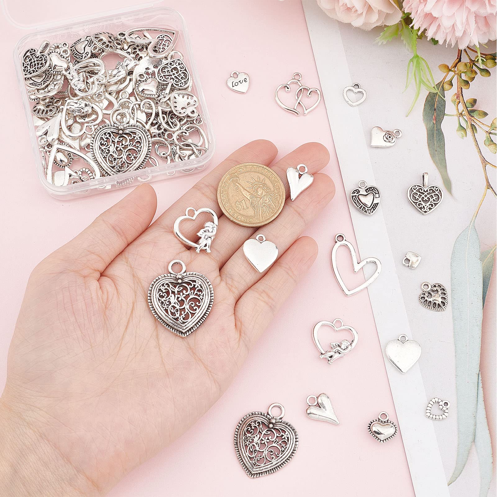 Amazon | SUNNYCLUE 90個15種 心 チャーム バレンタインデー チャーム