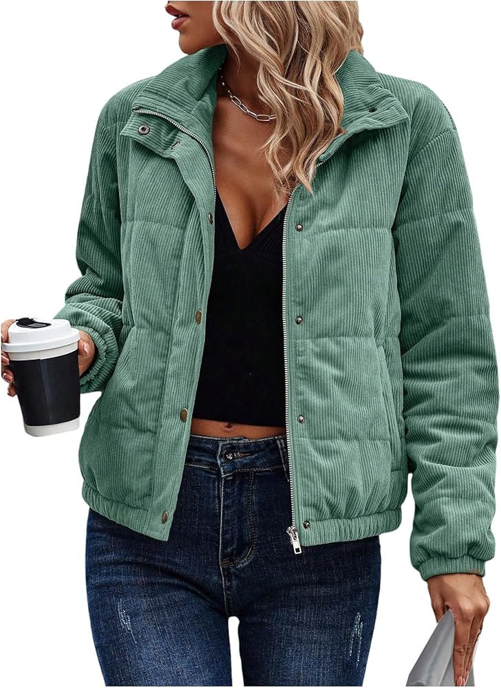 SOLY HUX Women's Corduroy Quilted Puffer Jacket Zip Up Long Sleeve