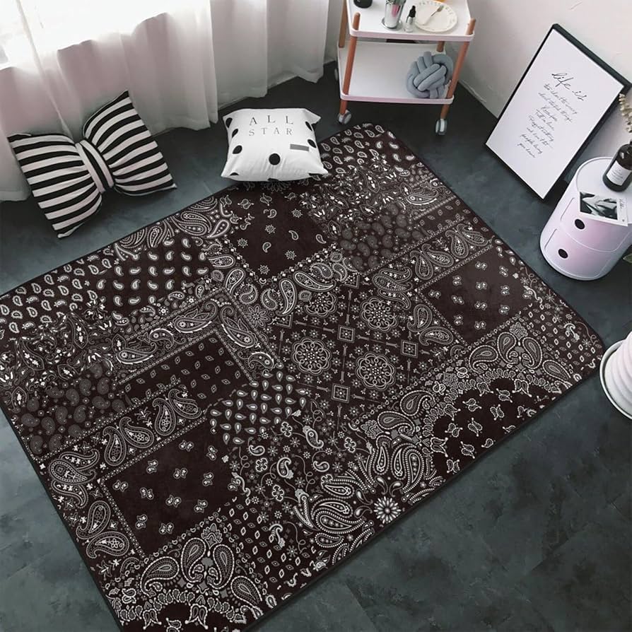 Amazon | ブラックバンダナ 羽柄 北欧 ペイズリー柄(1) カーペット