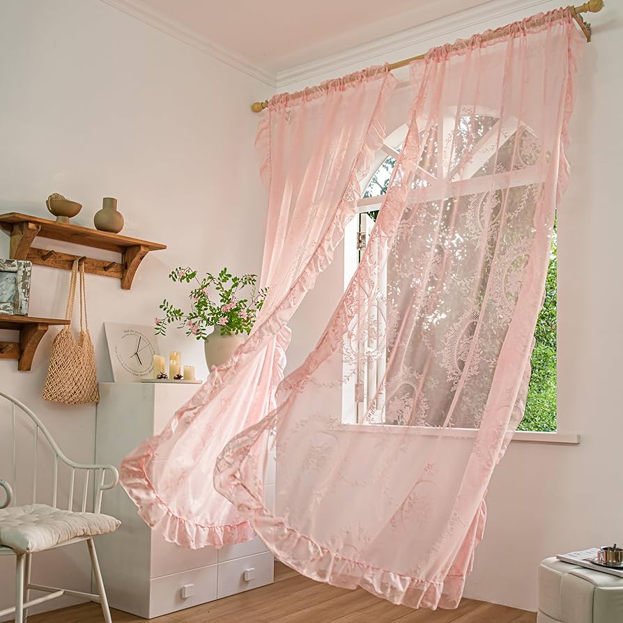 Amazon｜Sutuo Home ピンクレースカーテン長さ96インチ 2セット