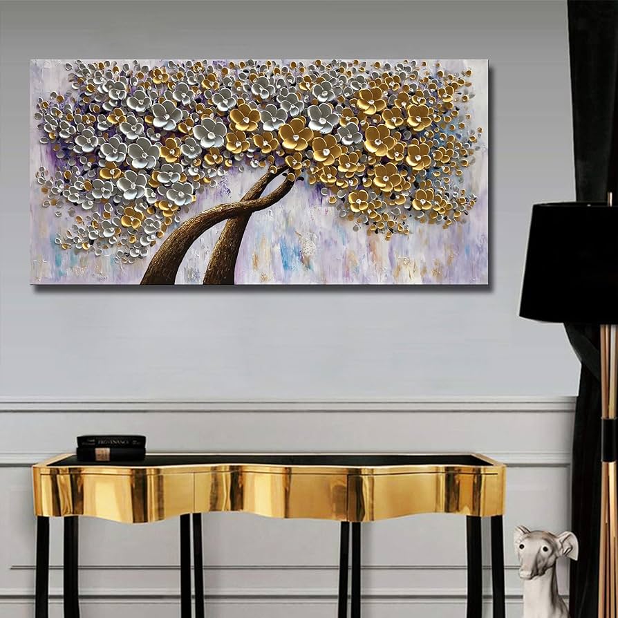 Amazon.co.jp: Diathou 24×48インチ ホワイトゴールド 花 手描き 油絵