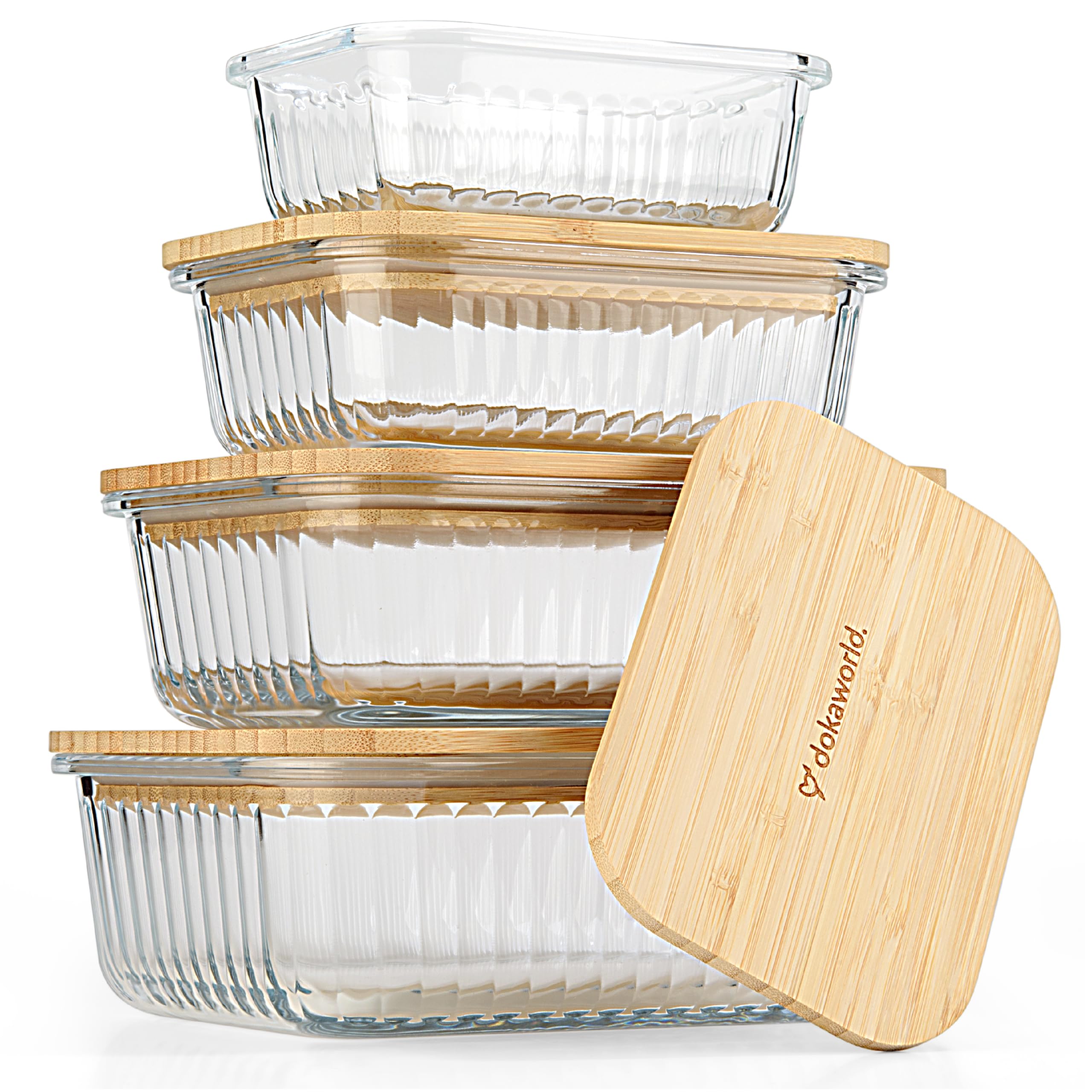 Amazon.com: dokaworld Ribbed Glass Tupperware Set with Bamboo Lids