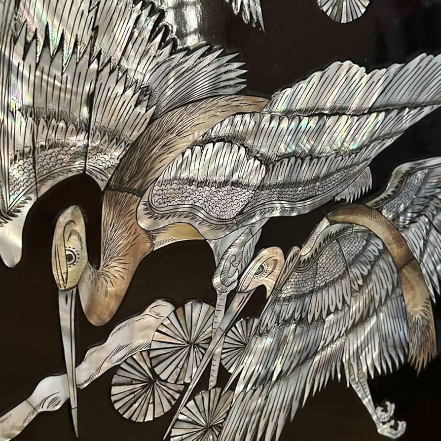 Amazon｜衝立 金屏風 漆塗り螺鈿細工 4曲1双 鶴 蓮の花 品 骨董品