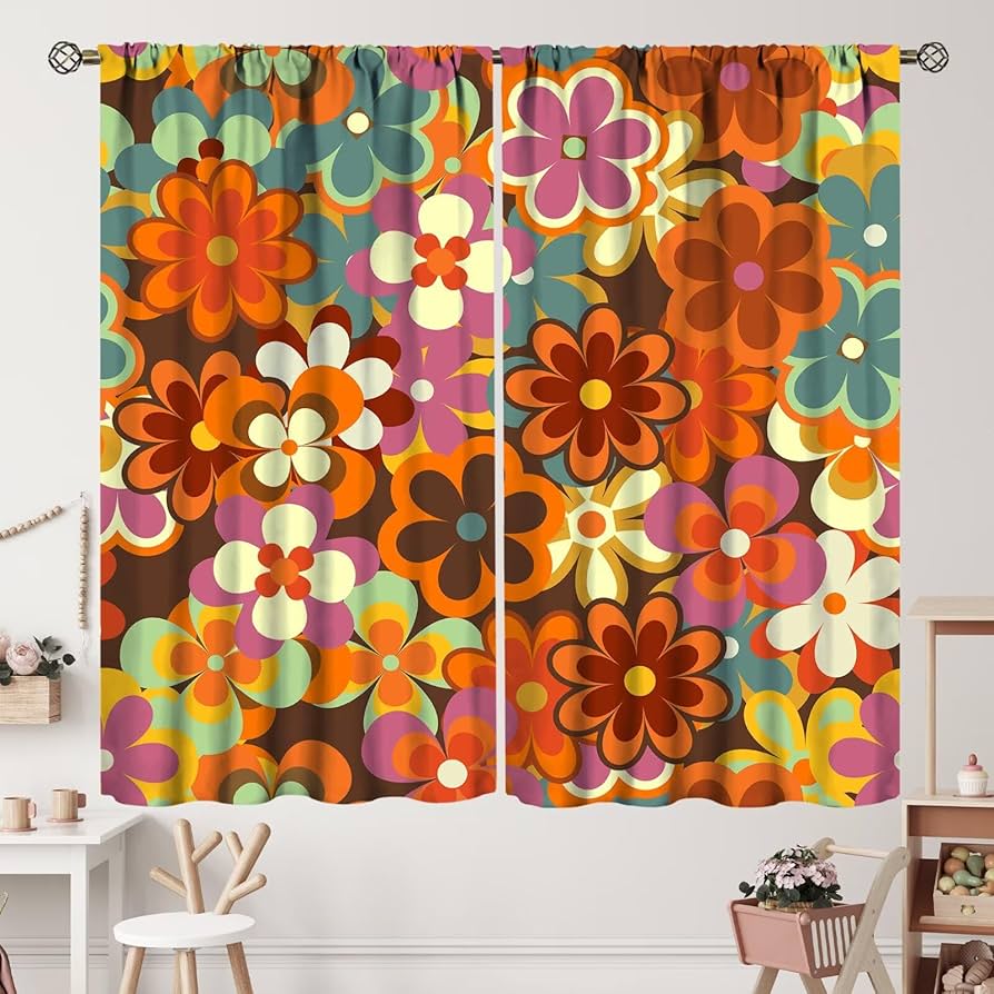 Amazon｜ZhiRain カラフルな花柄カーテン レトロ 70年代スタイル