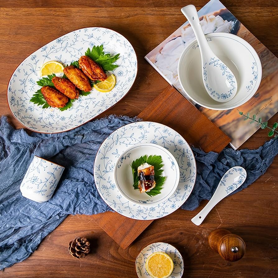 Amazon.co.jp: 食器セット 白青 小花柄 桜花柄 碗セット 皿セット 裏柄