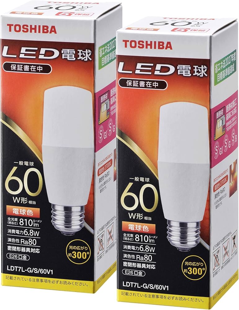 Amazon | TOSHIBA(東芝) LED電球 60W相当 広配光 電球色 E26口金 2P
