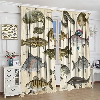Amazon｜釣り 遮光カーテン レトロ 魚 図面 断熱 ドレープ 遮光
