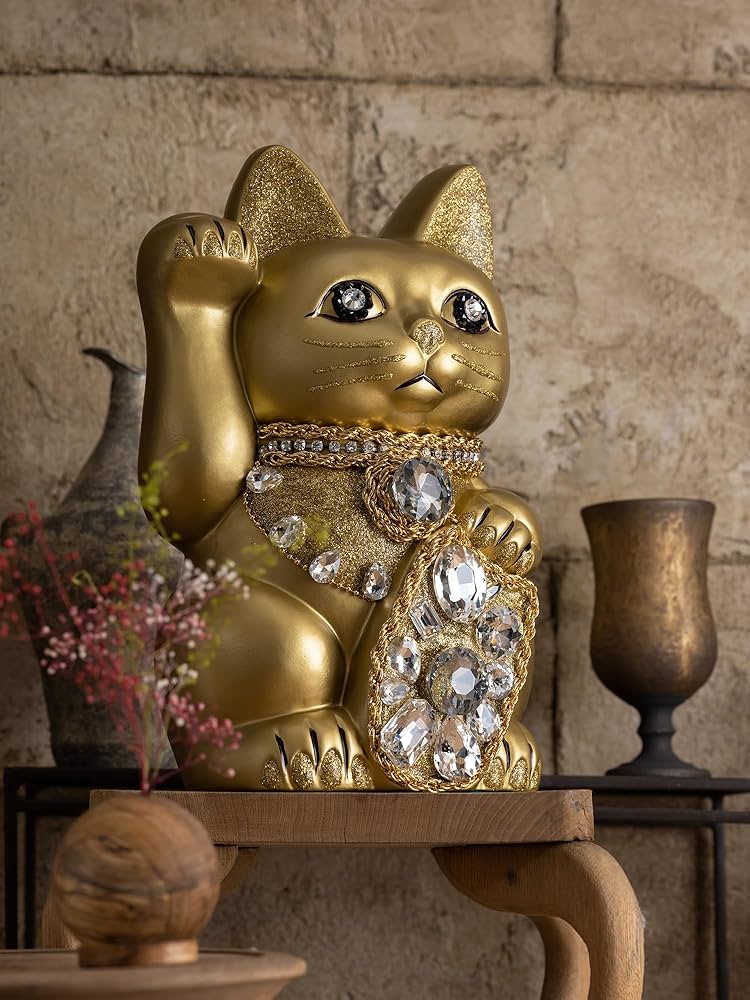 Amazon.co.jp: ご縁猫 ジュエリーキャット(L-SIZE 金 Gold）右手あげ