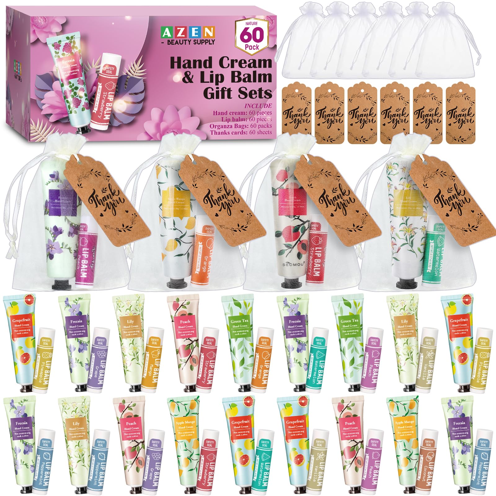 AZEN 60 Sets Bulk Gifts, Hand Cream and Lip Balm Bulk Set with
