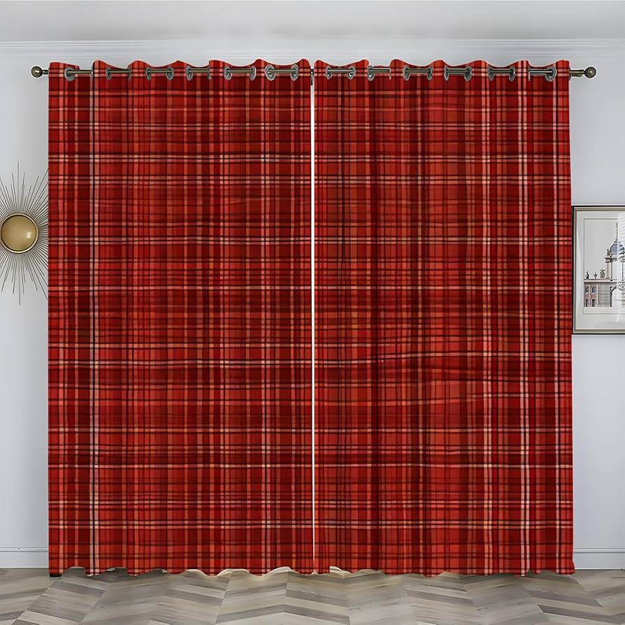 Amazon｜遮光カーテン 赤いチェック柄 2枚組 おし 幅100cm丈135cm 小窓