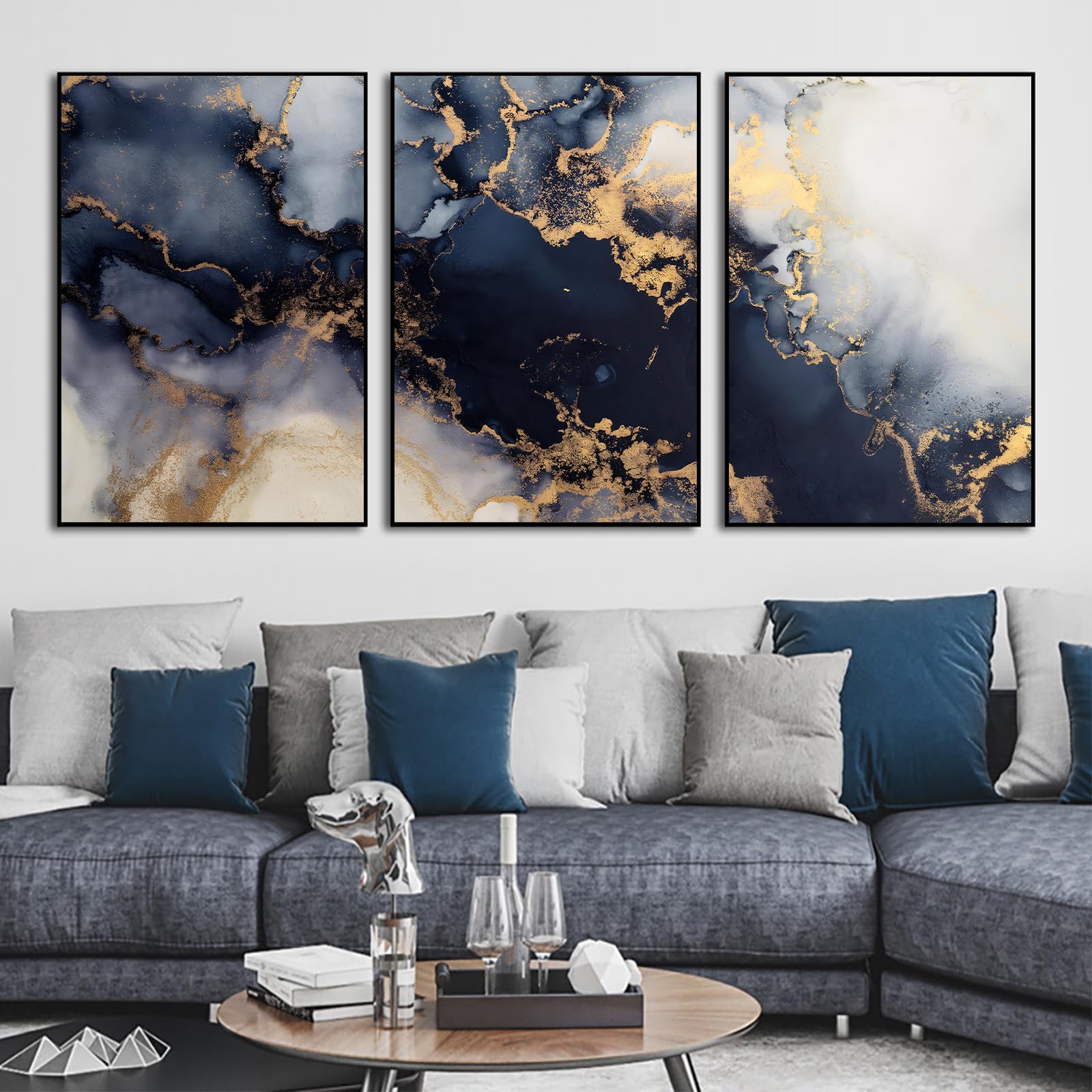 Amazon.co.jp: ブルーゴールド 抽象画 キャンバス ウォールアート