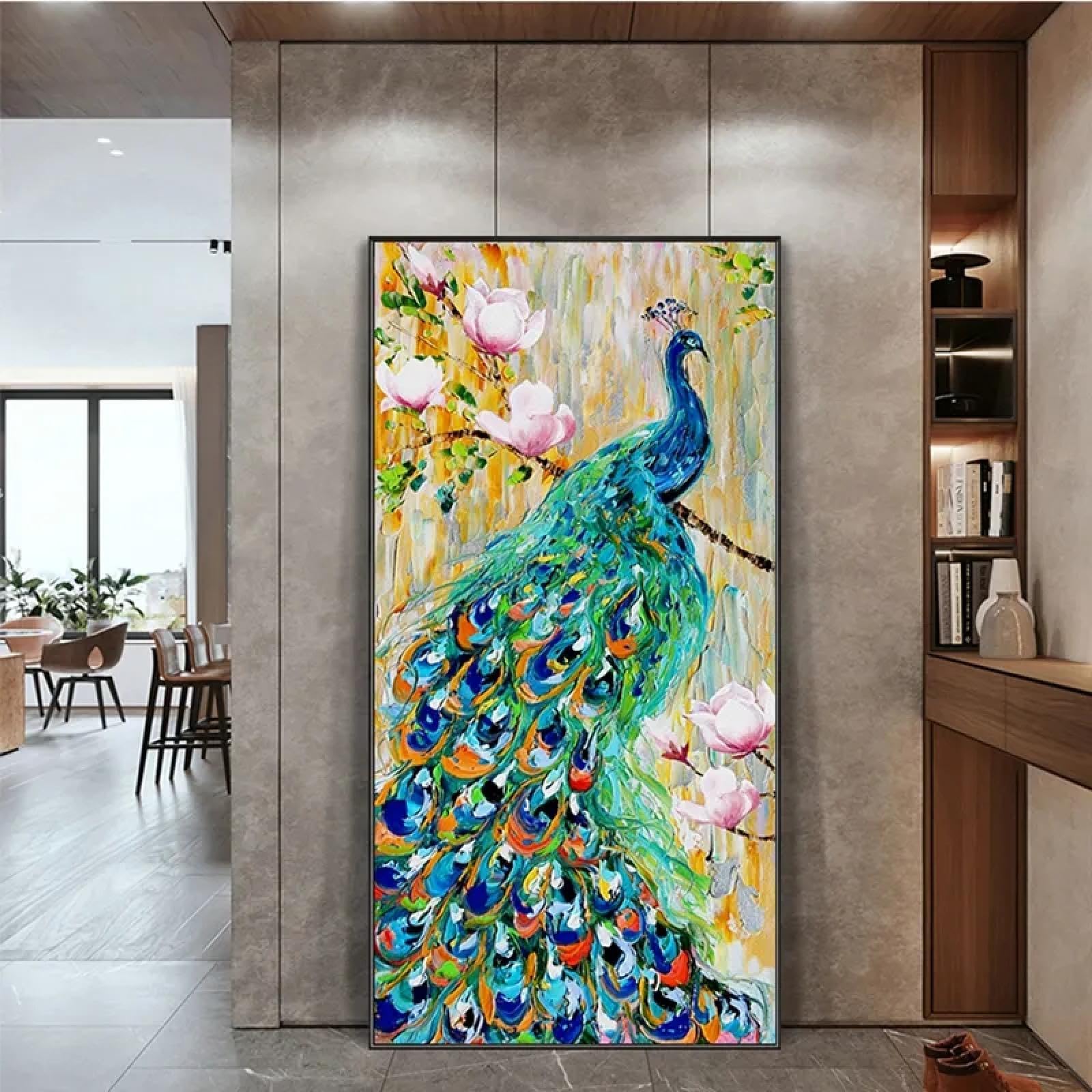 Amazon.co.jp: 伝統的な中国の幸運の風水孔雀のキャンバス絵画グリーン