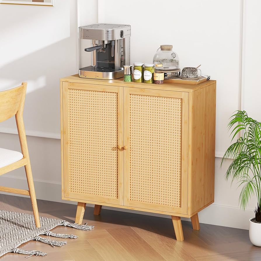 Amazon.co.jp: COSTWAY キャビネット 竹製 サイドボード ラタン 藤編み