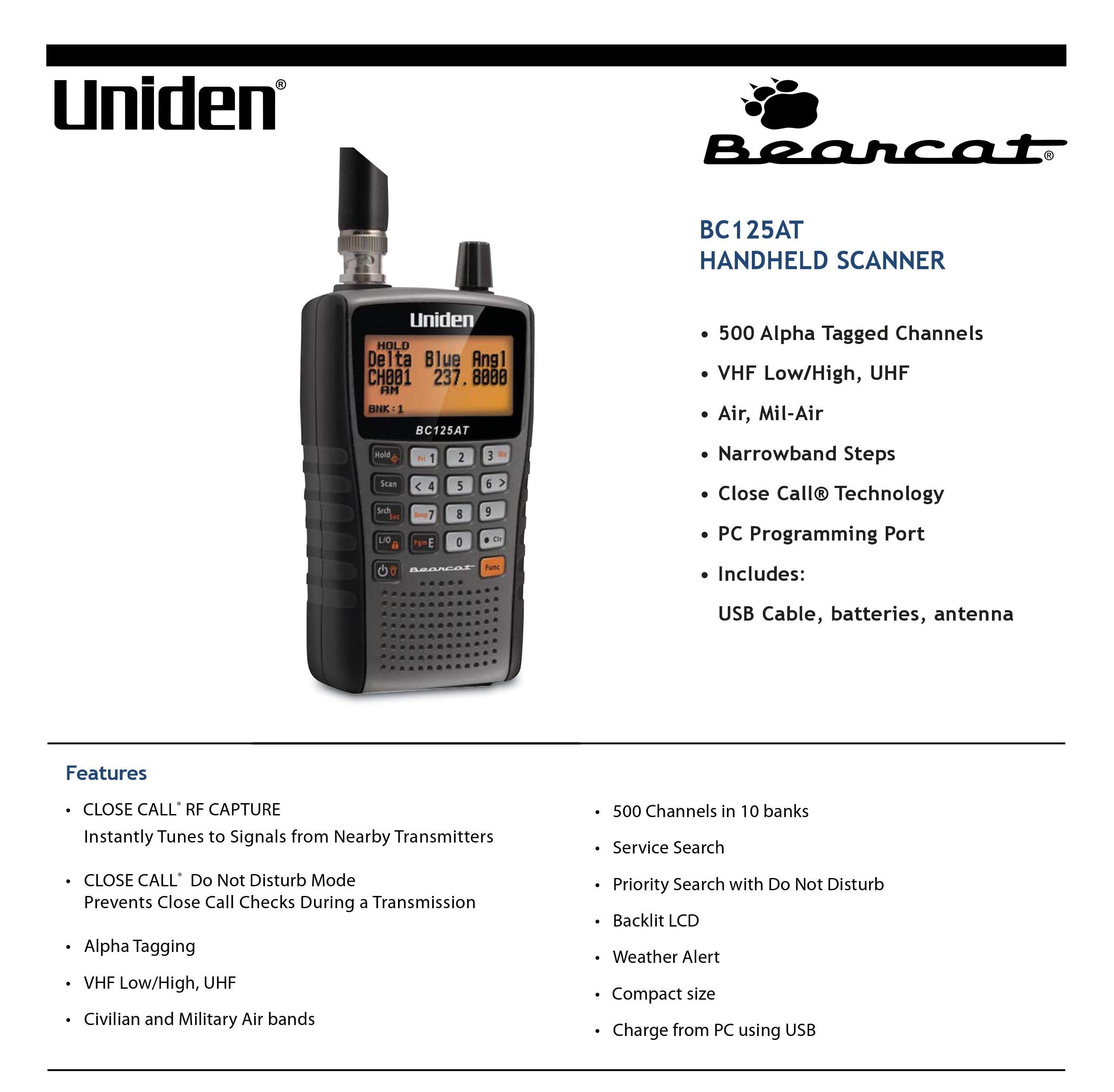 Uniden Bearcat BC125AT Handheld Scanner, 500-Alpha-Tagged Channels