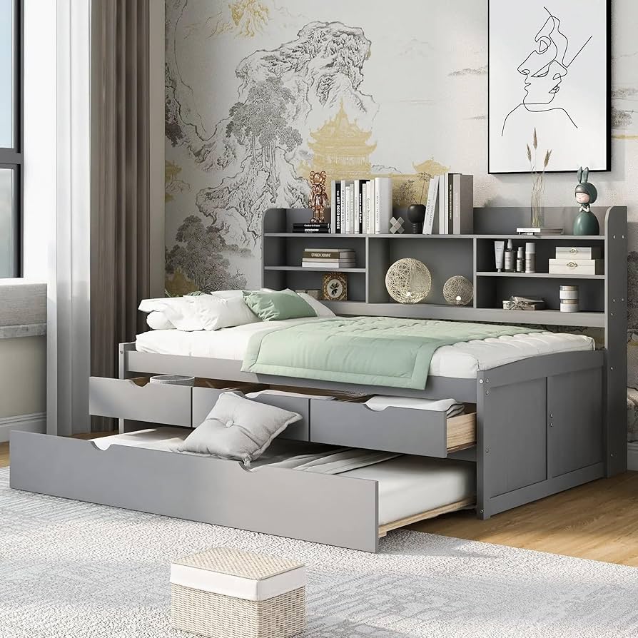 Amazon｜棚、トランドル、引き出し付き木製ツインサイズデイベッド