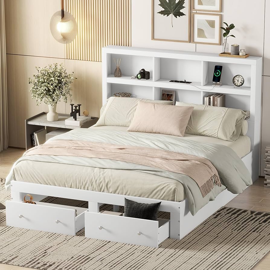 Ctastay Double Bed Wooden Bed 160 x 200 cm, Headboard with Storage
