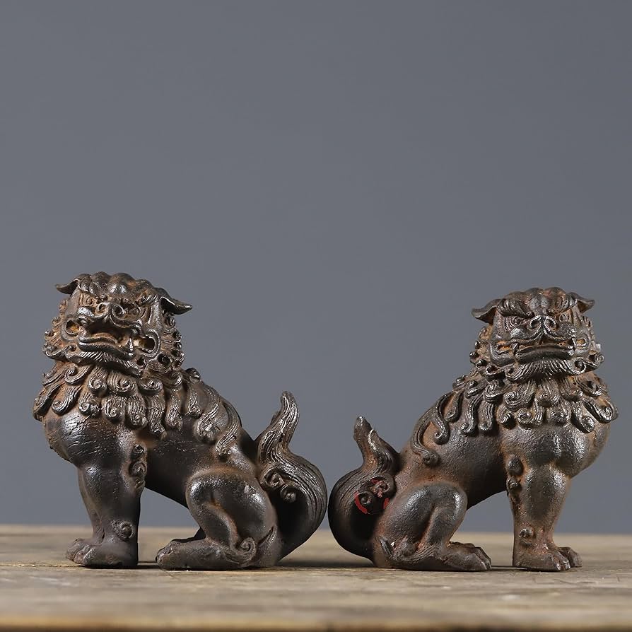 Amazon.co.jp: 狛犬・獅子 阿吽セット一対 風水開運置物 鋳鉄製