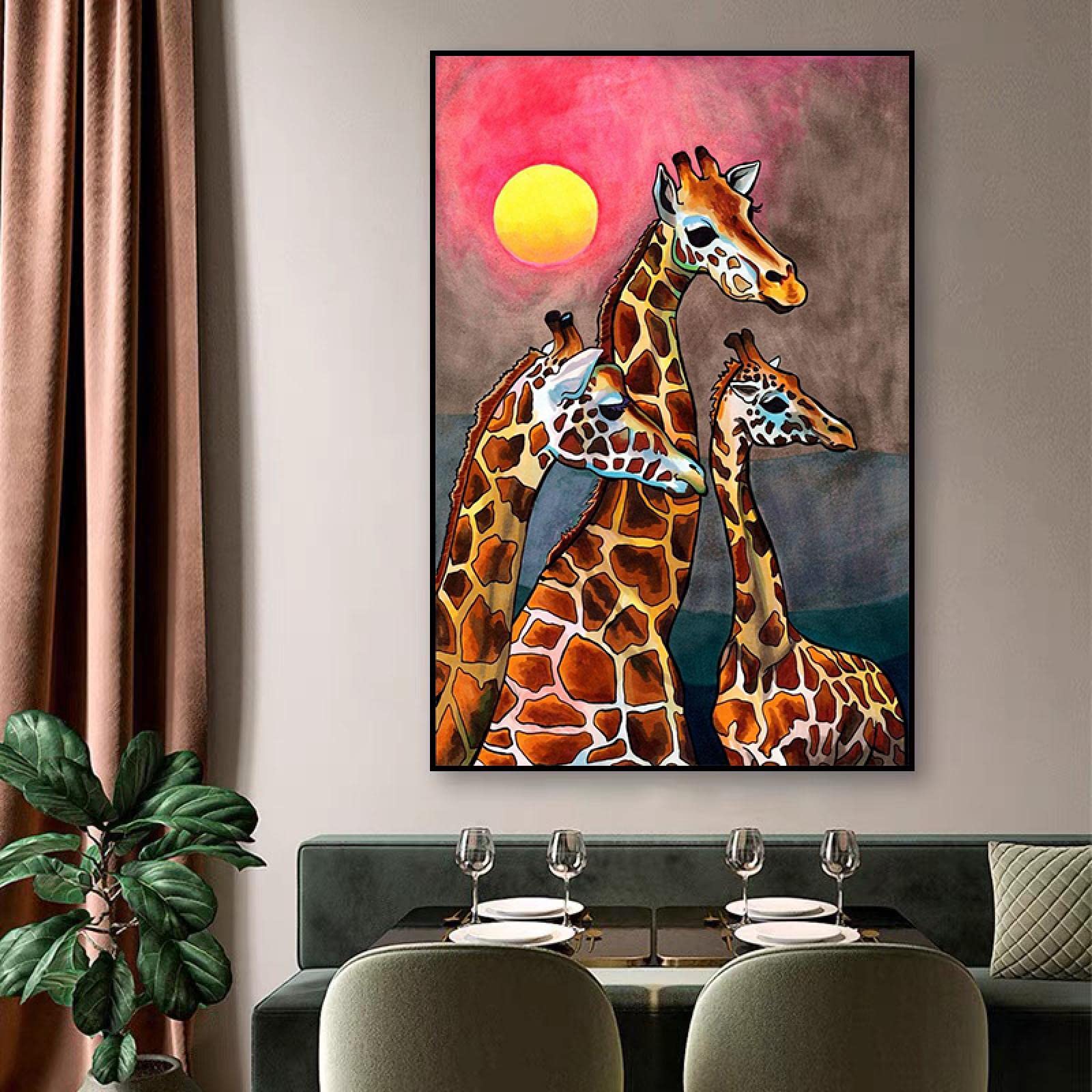 Amazon｜キリンのポスターと版画動物のキャンバスの絵画サンセット風景