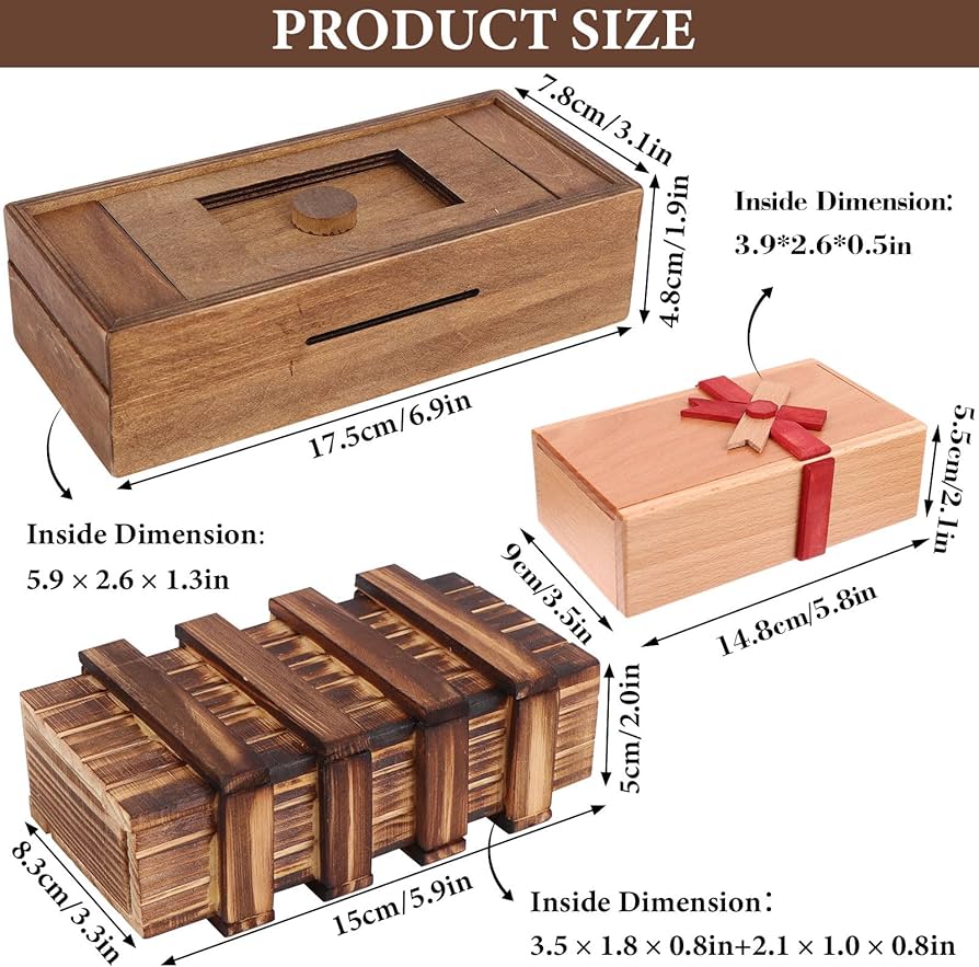 Puzzle Box 3 Pack Wooden Secret Puzzle Box with Hidden Compartment