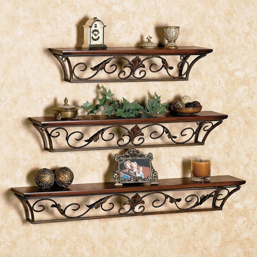 PEBBLECRAFTS Beautiful Wrought Iron Wall Shelf with 3 Shelves for