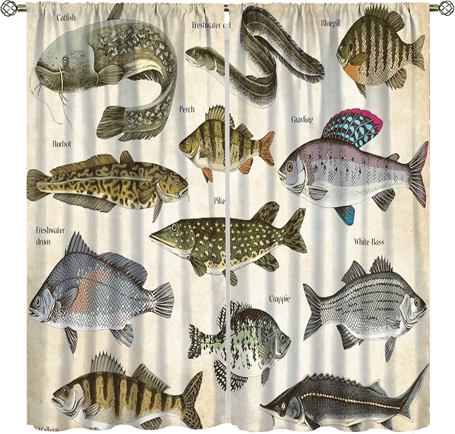 Amazon｜釣り 遮光カーテン レトロ 魚 図面 断熱 ドレープ 遮光