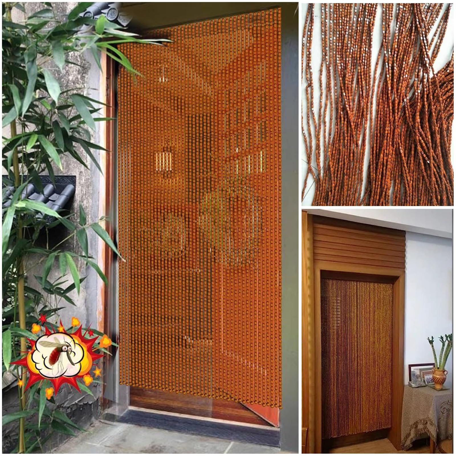 Amazon｜天然玉のれん 木製 レトロ 天然竹ビーズカーテン 手作り