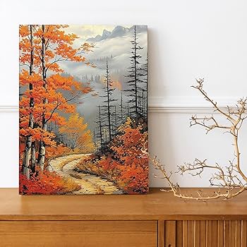 Amazon.com: Autumn Mountain Pathway Canvas Wall Art, Orange Foggy