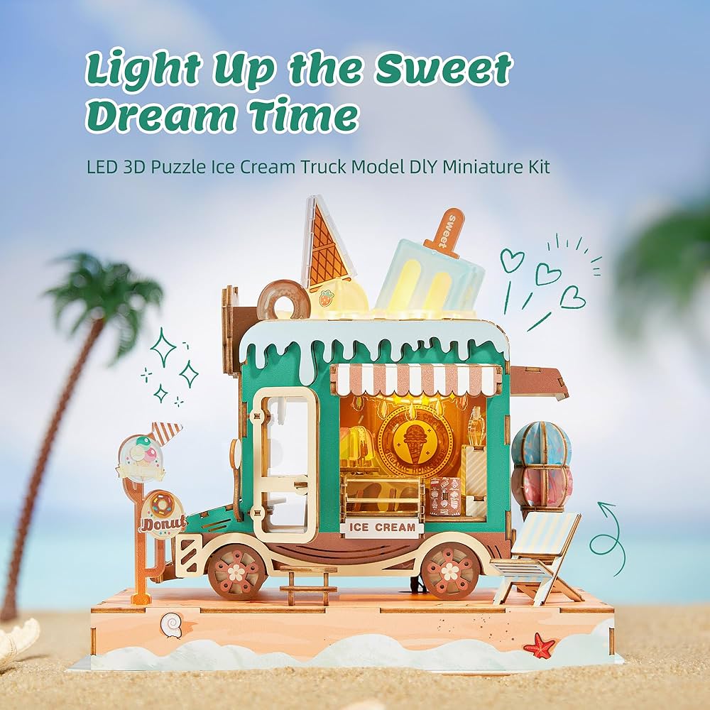 FUNPOLA 3D Wood Puzzle Ice Cream Truck Model - DIY Miniature Food