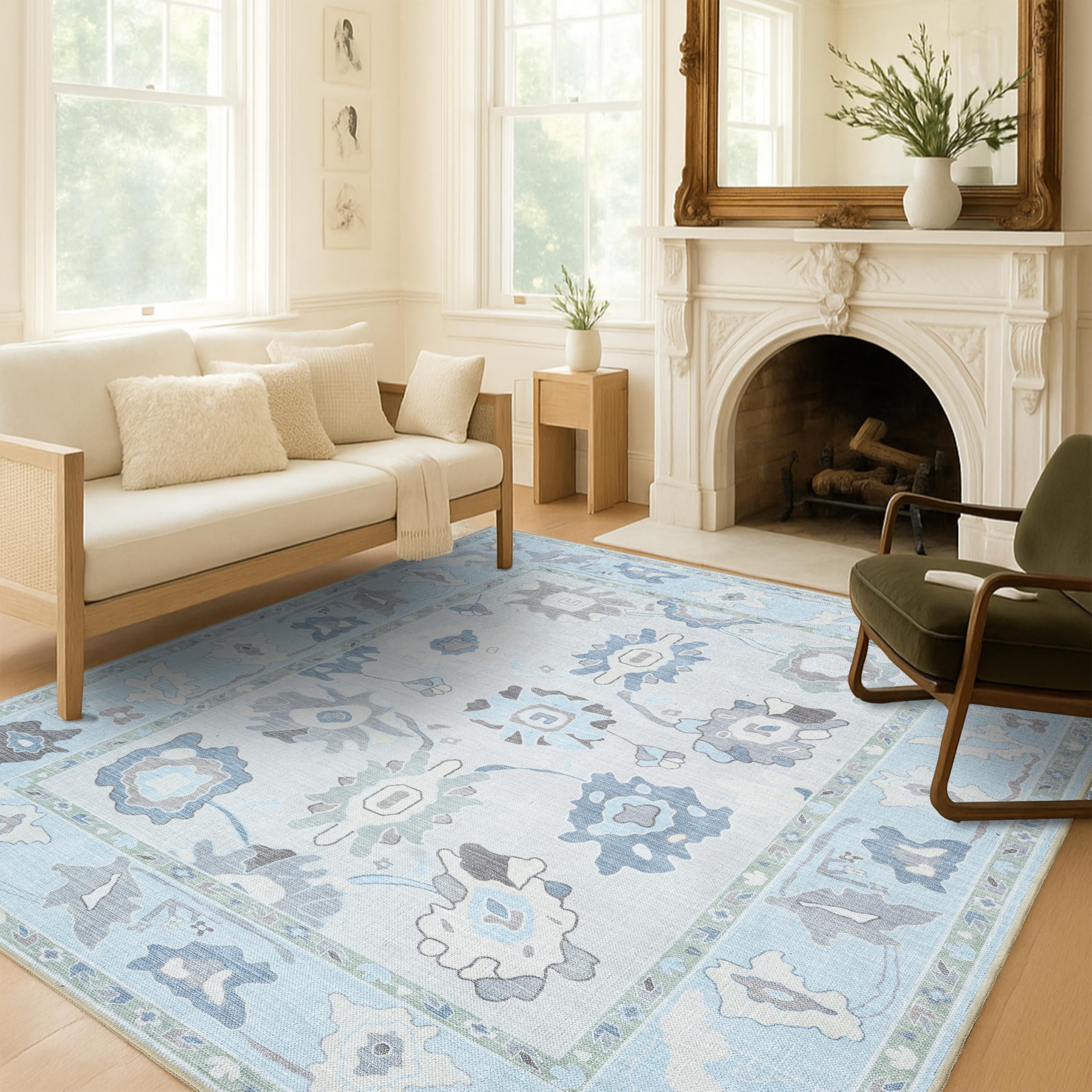 Amazon.com: Fame Living Cream Blue Oushak Rug, Modern, Vintage