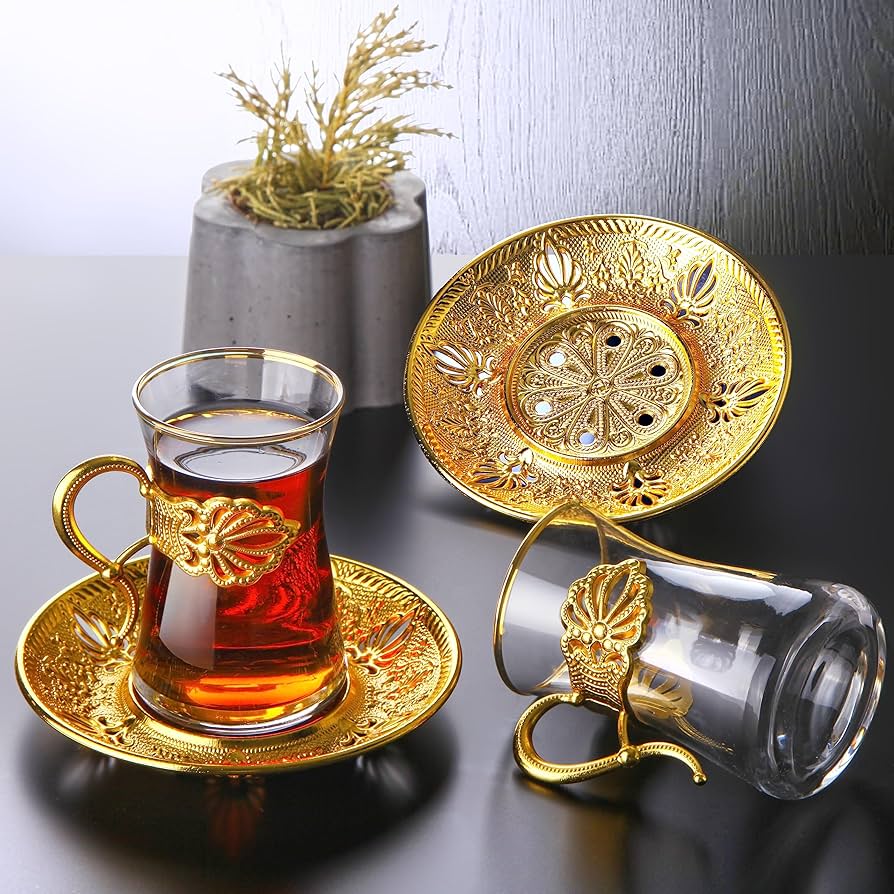 Amazon.com | Mr ZONi Clear Glass Turkish Tea Set, for 6, Gold