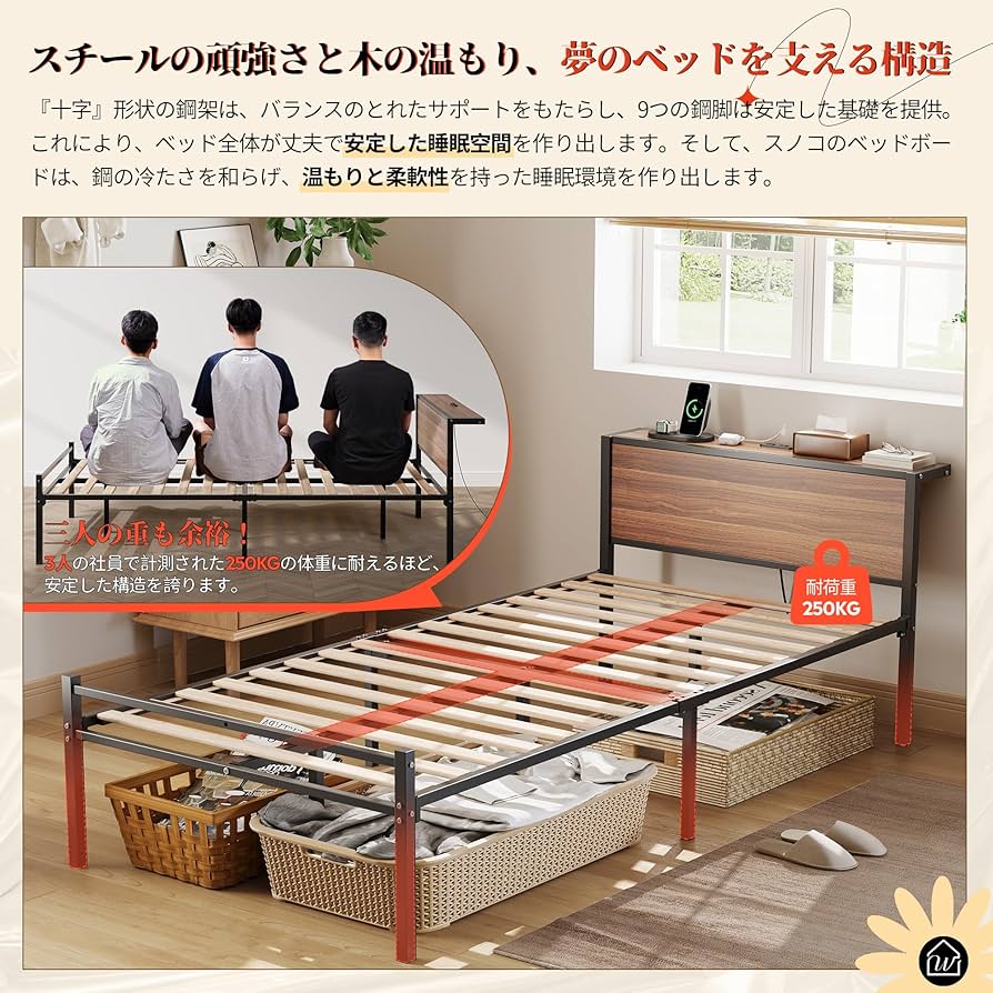 Amazon｜WLIVE ベッドフレーム 宮棚付き 2口コンセント すのこベッド