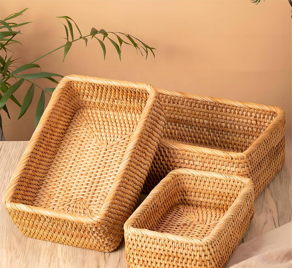 Amazon.co.jp: 藤編み収納フレーム、長方形籐編みかご、卓上収納かご