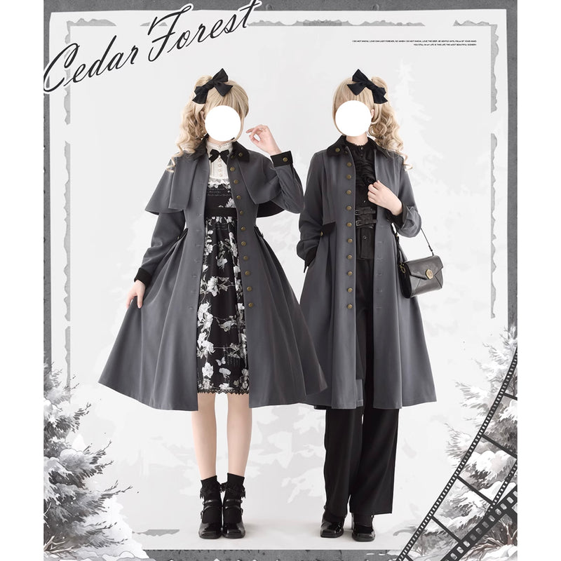 映画女優のクラシカルコートワンピースとショートケープ（ダークグレー