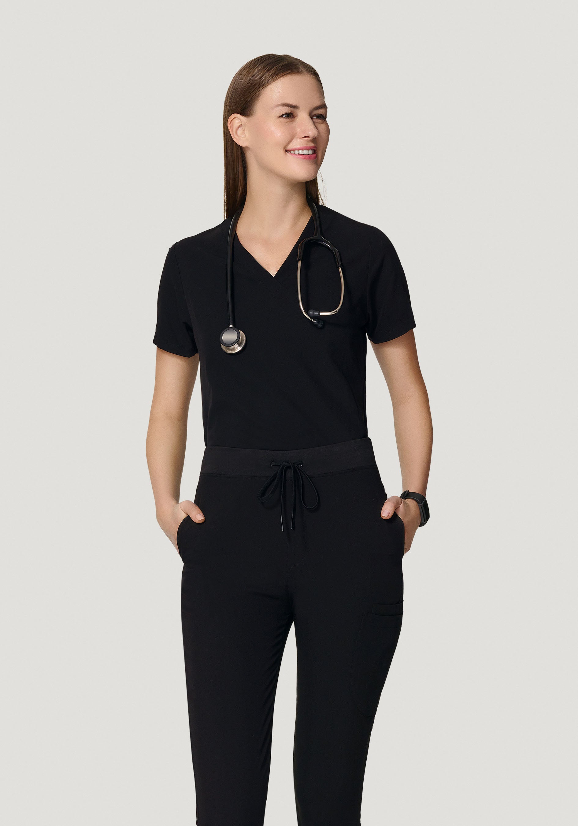Women's V-Neck 6-Pocket Top - Black | Mandala Scrubs