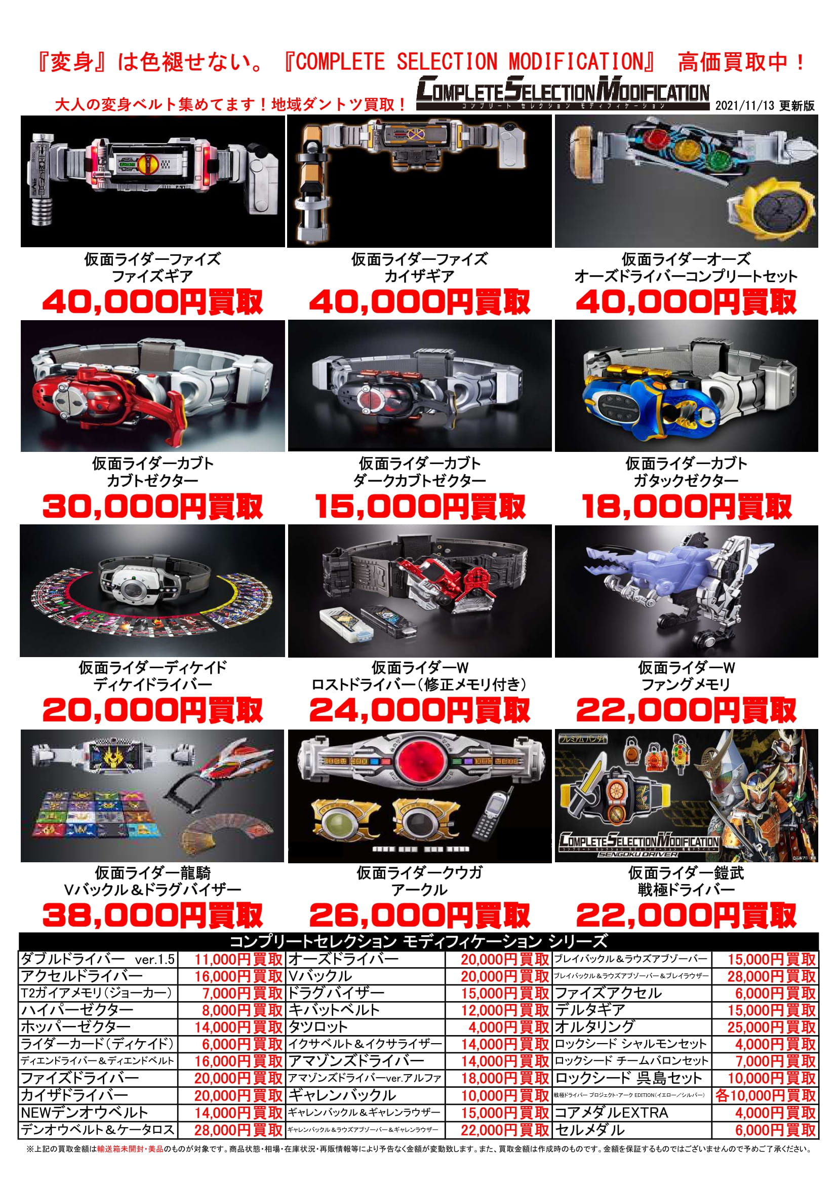 11/13☆仮面ライダー変身ベルトの買取価格最新版です！ ＃おもちゃ