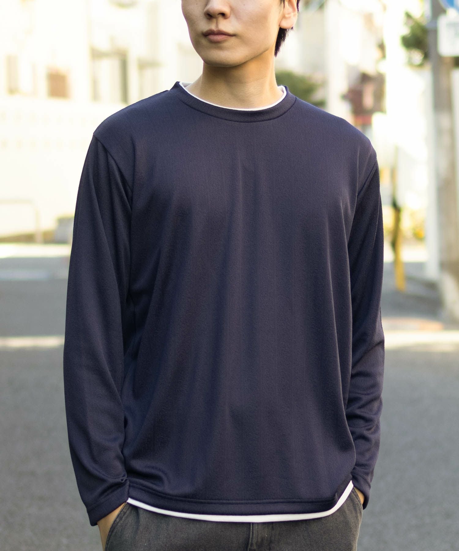 NAVY ストライプフェイクレイヤード長袖Tシャツ メンズ