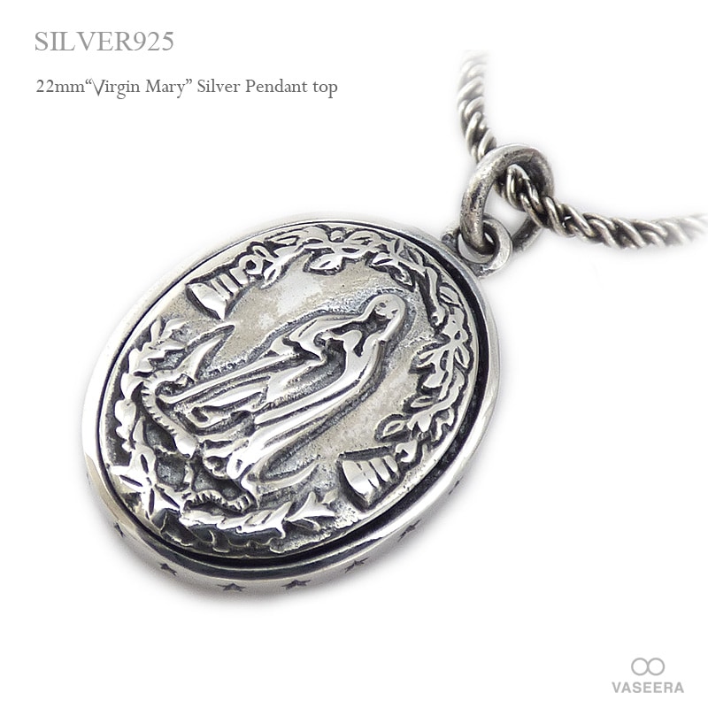 22mm 聖母マリア＆クロス 4mm厚 シルバー ペンダント トップ