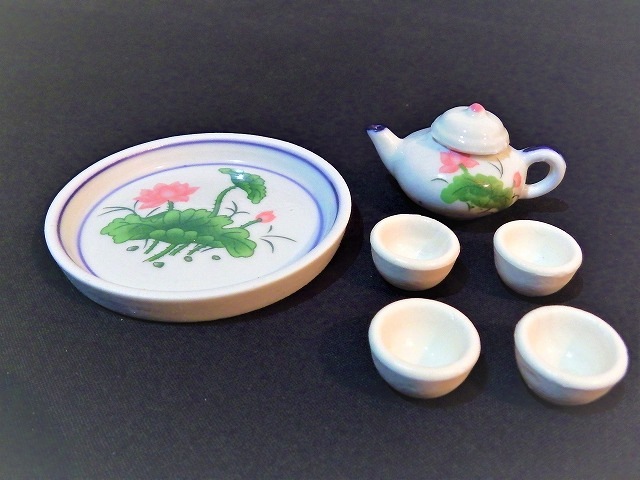 中国 中国 青花 山水文 ミニチュア茶器 急須 涼炉 湯呑 4点 V R4721 青花